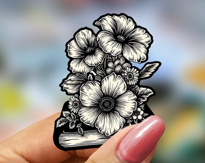 Vintage Book Sticker, Floral Black White Decor, Retro Notebook Decal, Antique Style, Botanical Art, Classic Reading Accessory, Monochrome