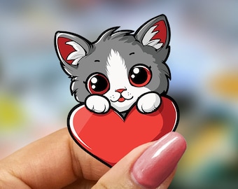 Cat Sticker, Heart Decal, Red Feline Art, Pet Lover Gift, Cute Kitten Design, Animal Decor, Vibrant Love Symbol