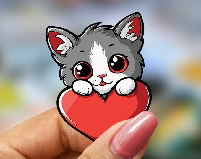 Red Heart Cat Sticker, Feline Art Decal, Pet Lover Gift