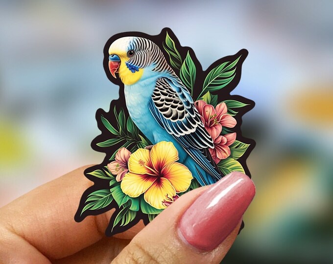 Budgie Vinyl Decal: Tropical Bird Sticker, Exotic Floral Decor