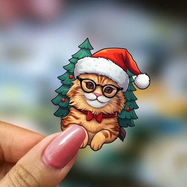 Cute Orange Cat in Glasses & Red Bowtie Sticker - Christmas Trees and Red and White Santa Hat - Adorable Holiday Decor for Laptop, Planner