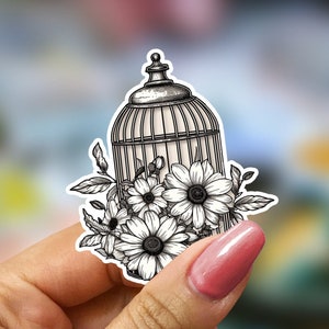 Cage à oiseaux vintage, autocollant noir et blanc, design floral, inspiré de la nature, décoration d'intérieur, artistique, botanique, décalcomanie murale, unique, élégant