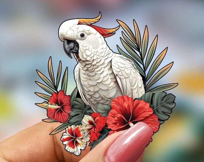 Cockatoo Decal, Tropical Bird Sticker, Floral Parrot Emblem, Exotic Flower Adhesive, Colourful Avian Illustration, Rainforest Animal Label