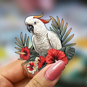 Sticker cacatoès, sticker oiseau tropical, emblème floral perroquet, adhésif fleurs exotiques, illustration aviaire colorée, étiquette animal de la forêt tropicale