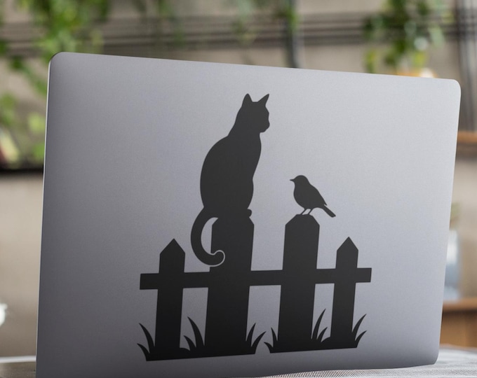 Cat and Bird Vinyl Decal: Fence Silhouette for Car Window, Laptop and Glass