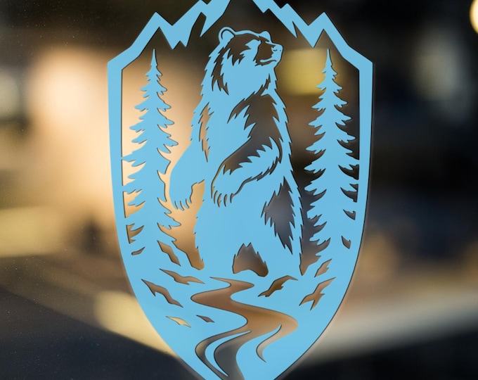 Bear Mountain Vinyl Decal, Wilderness Forest Wildlife Sticker for Car Laptop Window