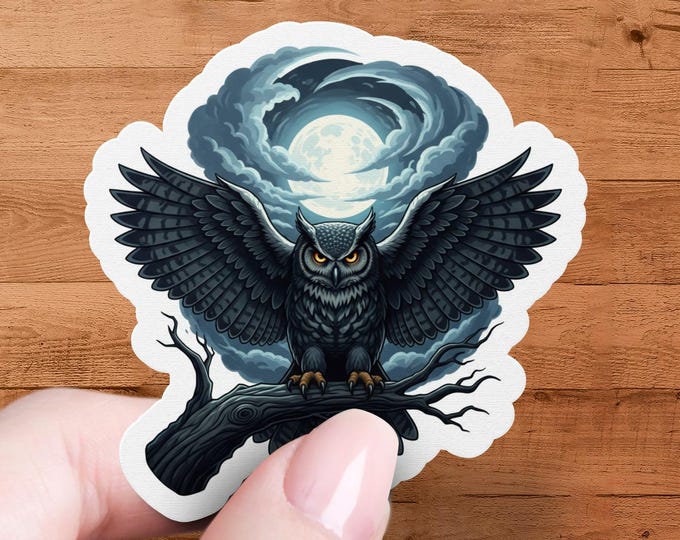 Dark Owl Moon Glossy Vinyl-Sticker Die-Cut Gothic Night Animal Decal Laptop Water Bottle Art