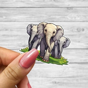Etiqueta engomada de tres elefantes parados sobre la hierba verde - Decoración de vivero de vida silvestre para niños - Etiqueta de pared de vinilo con tema de safari de animales de la selva - Adorable