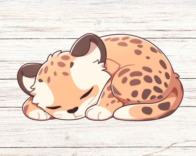 Sleeping Chibii leopard sticker,adorable jungle decor, cute animal art,nursery wall decal, laptop sticker, gift for kids, wildlife accessory