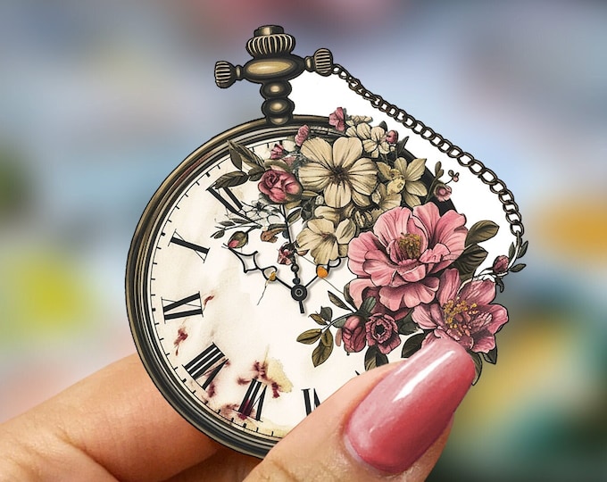 Vintage Watch Sticker, Floral Pocket Watch Decal, Retro Timepiece Label, Antique Watch Illustration, Blossom Clock Sticker, Timepiece Decor