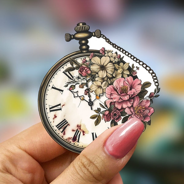 Vintage Watch Sticker, Floral Pocket Watch Decal, Retro Timepiece Label, Antique Watch Illustration, Blossom Clock Sticker, Timepiece Decor