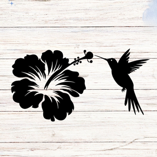 Sticker en vinyle fleur d'hibiscus avec colibri | Sticker inspiré de la nature pour voiture, ordinateur portable, bouteille d'eau, fenêtre et décoration de jardin