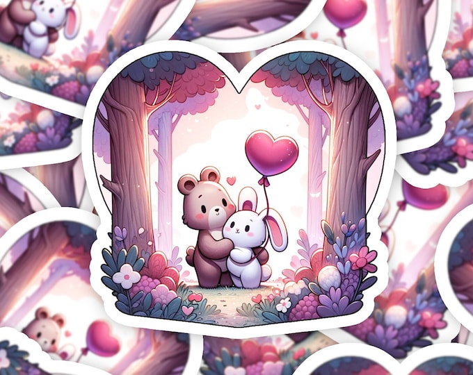 Bear and Rabbit Heart Balloon Vinyl Sticker: Nursery Decor