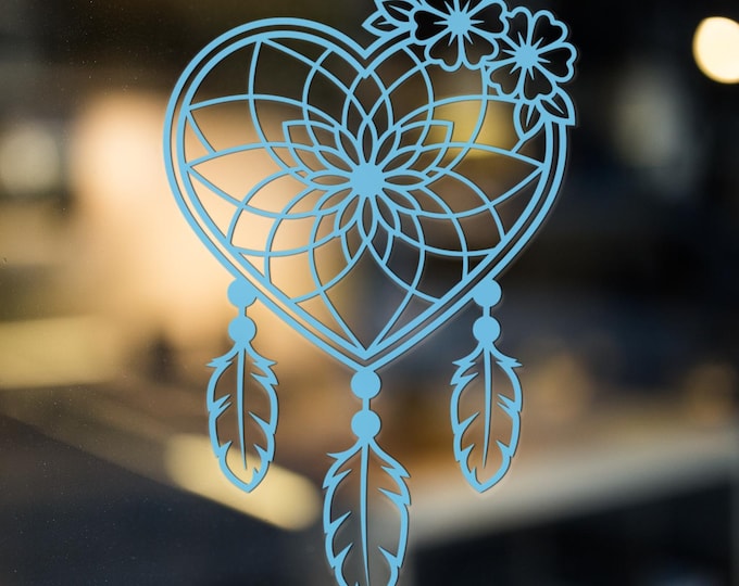 Heart Dreamcatcher Vinyl Decal – Floral Boho Car Sticker, Blue Mandala Feather Design