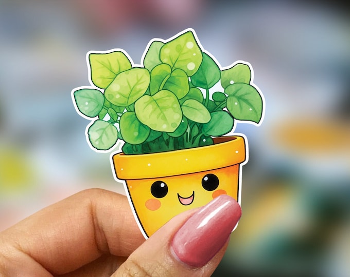 Adorable Kawaii Plant Pot Sticker with Smiley Face & Lush Vibrant Green Leaves, Cute Home Decor for Plant Lovers and Kawaii Enthusiasts