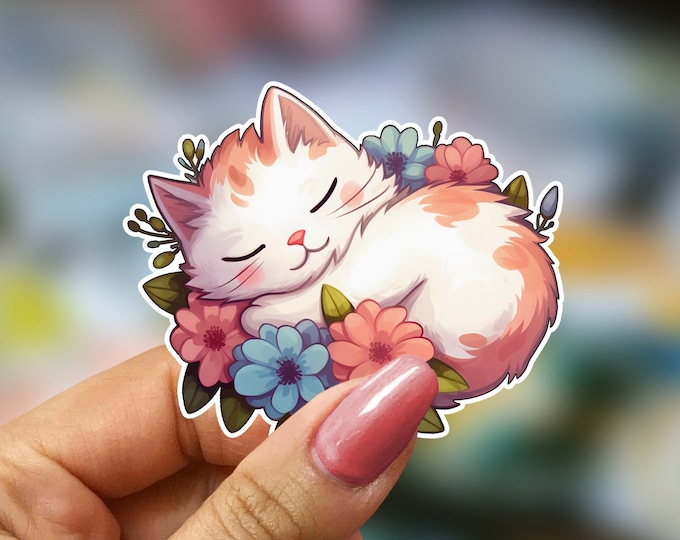 Kawaii Cat Sticker | Sleepy Kitty Floral Decal