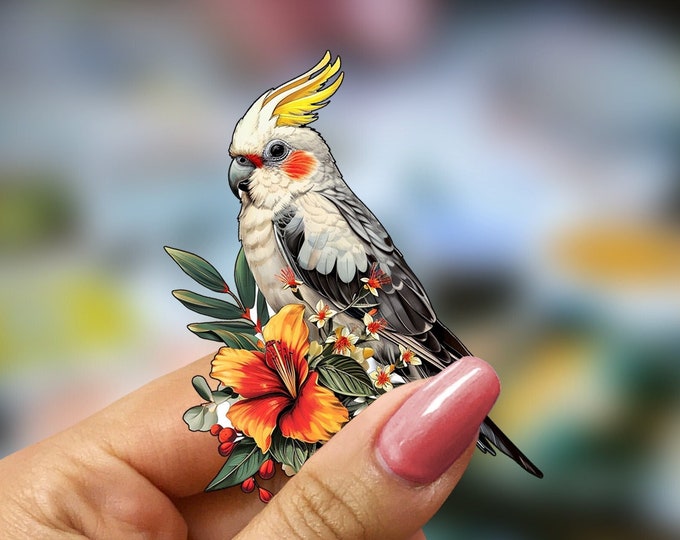 Cockatiel Decal: Tropical Bird Sticker, Floral Parrot Emblem