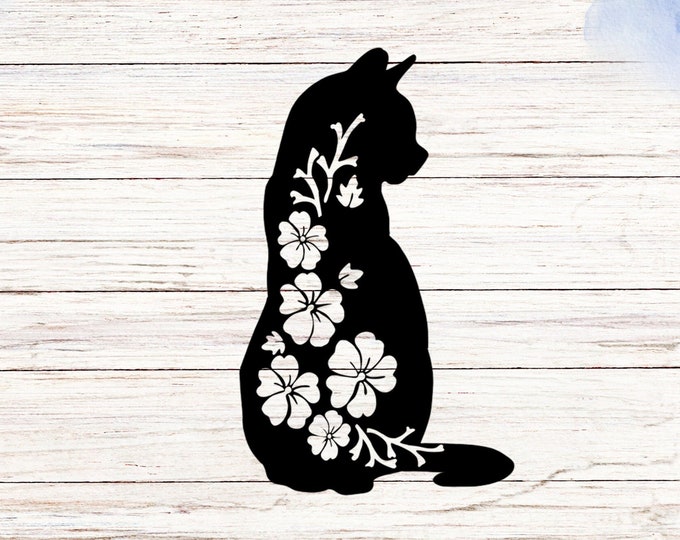Cat and Flowers Waterproof Vinyl Decal: Laptop, Car, Bottle Sticker
