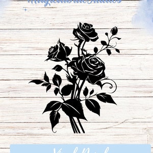 May include: Black silhouette of a bouquet of roses with stems and leaves. The roses are in full bloom and have a classic design.  The image is on a white wood background.
