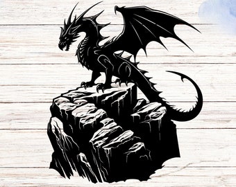 Vinyl Decal Dragon Perched on Rocks - Customizable Sticker for Car, Laptop, Window, and Wall - Weather-Resistant and Waterproof, Fantasy Art