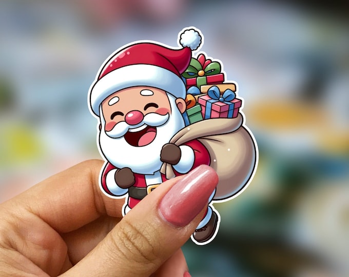 Joyful Santa Holding a Sack of Gifts Christmas Sticker | Holiday Decorative Vinyl Sticker | Festive Merry Christmas Decor | Santa Claus