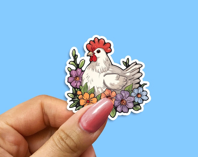 Country Style Chicken Sticker - Hand-Drawn Hen and Florals - Ideal for Scrapbooking & Country-themed Gifts