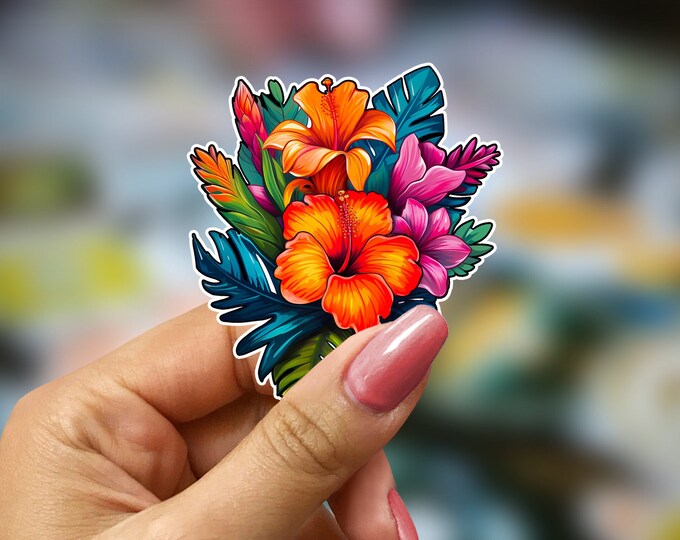 Vibrant Tropical Flower Stickers, Lush Leaf Decals, Waterproof Vinyl, Planner & Laptop Decor, Exotic Jungle Theme, Botanical Art, Gift Idea