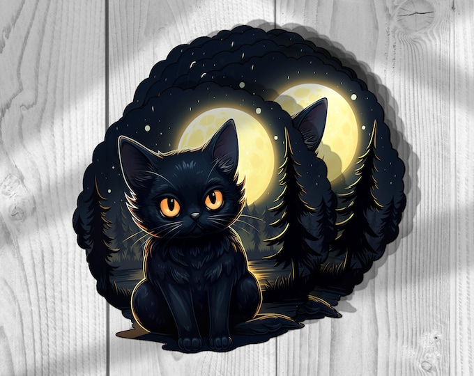 Moonlit Black Cat Vinyl Sticker: Witchy Night Decal