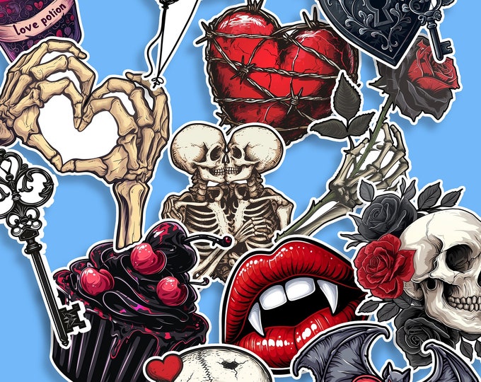 14-Pack Gothic Valentine's Stickers - Dark Romance Decals, Love & Mystery Themed, Perfect for Journals and Planners