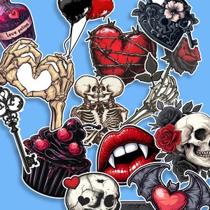Paquete de 14 pegatinas góticas de San Valentín: calcomanías de romance oscuro, temáticas de amor y misterio, perfectas para diarios y planificadores