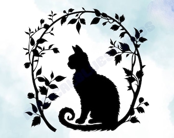 Black Cat Floral Wreath Vinyl Decal - Feline Home Decor