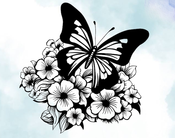 Handcrafted Beautiful Butterfly & Blooming Flowers - Premium Vinyl Decal for Laptops, Cars, Windows, Walls, Gardens and More