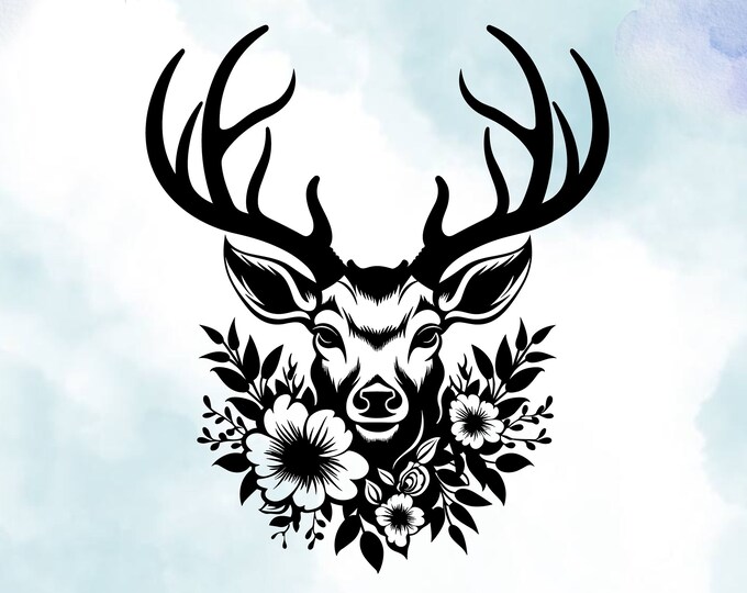 Enchanting Deer Head with Delicate Floral Accents Vinyl Decal – Unique Rustic Wall Art Sticker for Home Decor, Perfect for Nature Lovers