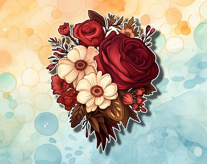 Vintage Floral Burgundy Bouquet Sticker – Elegant Water-Resistant Decal for Laptops, Journals, and Planners – Unique Gift for Flower Lovers