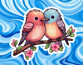 two lovebirds on a branch, sticker decal, valentines gift for him and her, perfect present to put on phones laptops notebooks and journals