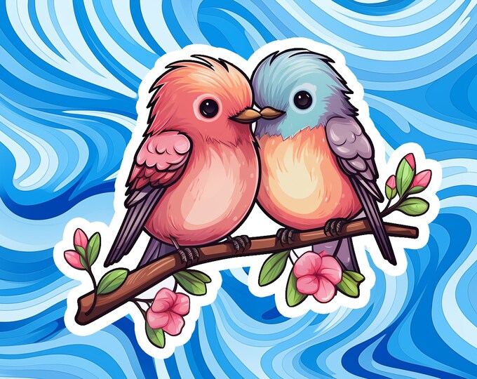 Lovebirds on Branch Sticker: Romantic Decal for Laptops, Phones