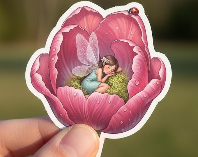 Whimsical Fairy Flower Vinyl Sticker Glossy Fantasy Illustration