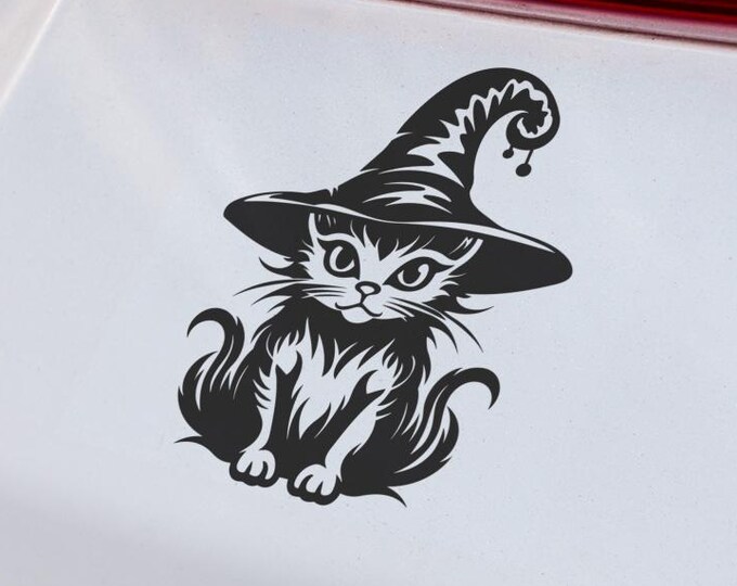 Witch Cat Vinyl Decal Adorable Feline Sticker for Pet-Lovers Laptop Car-Window Bottle-Crafts Gift