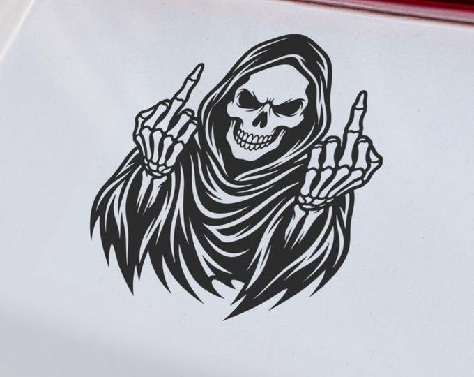 Grim Reaper Vinyl Decal, Gothic Skeleton Middle Finger Car Truck Laptop Sticker