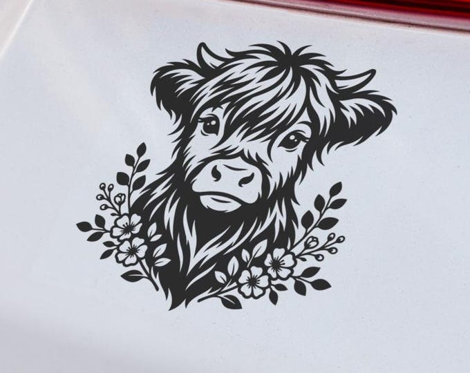 Highland Cow Vinyl Decal with Floral Botanical Design