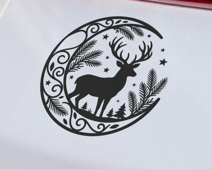 Deer Crescent Moon Glossy Vinyl Decal, Woodland Stag Silhouette Car Laptop Sticker