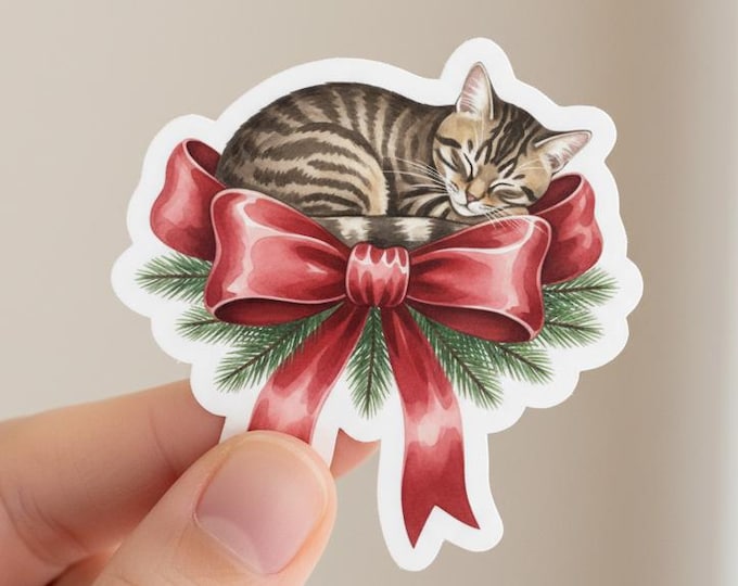 Glossy Holiday Cat Christmas Bow Sticker Pine Greenery Decal Laptop Planner Gift Wrap Art