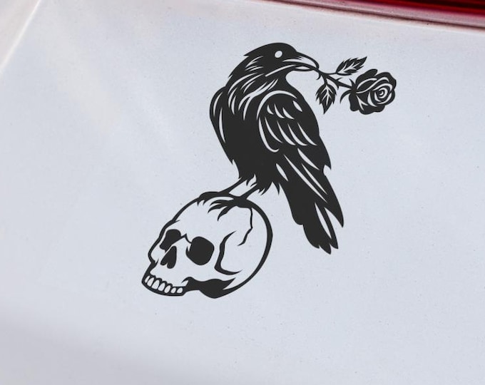 Gothic Raven Skull Rose Vinyl-Decal - Dark Art Bird Sticker for Laptop Car Window Decoration