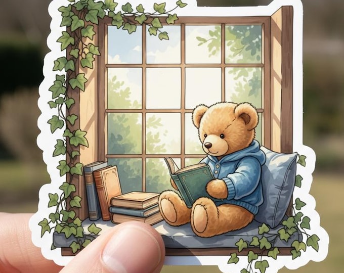 Glossy Teddy-Bear Reading-Sticker Cozy-Bookish Vinyl-Cottage Window-Decal Art for Laptop Scrapbook Journal Cute-Decor Design Piece