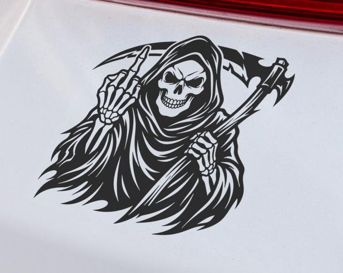 Grim Reaper Vinyl Decal, Middle Finger Scythe Graphic for Laptops and Windows