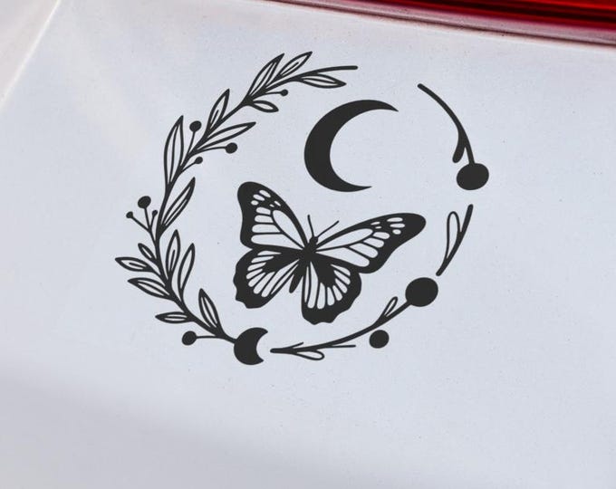 Mystical Butterfly Crescent Moon Vinyl-Decal-Boho Witchy Celestial Sticker-Spiritual Floral Laptop Gift
