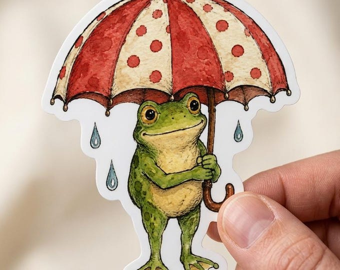 Green Frog Umbrella Sticker: Watercolor Red Polka Dot Parasol Illustration