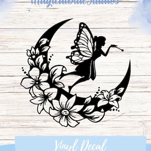 Naklejka winylowa Fairy Moon Flowers, Magiczna dekoracja na ścianę, laptopa lub samochód, Czarujący wzór wróżki, Naklejka inspirowana naturą