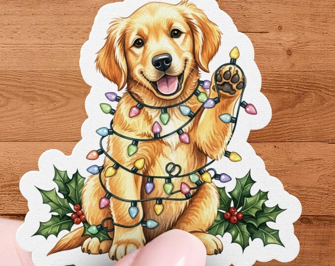 Watercolor Golden Retriever Christmas Glossy Vinyl Sticker
