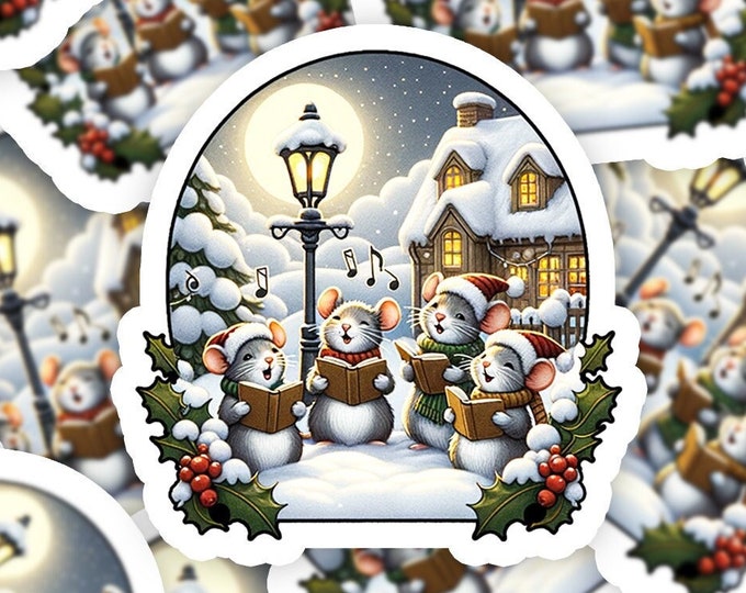 Christmas Caroling Mice Sticker: Festive Holiday Vinyl Decal
